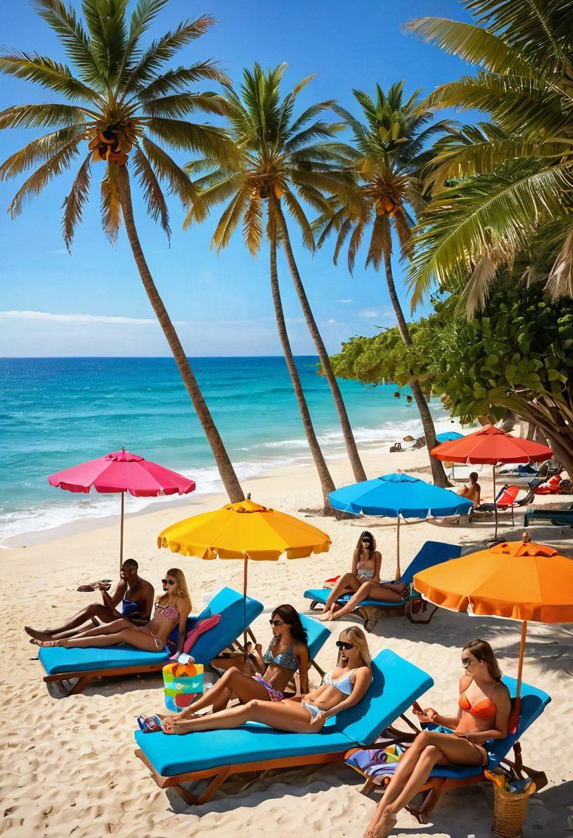 A vibrant beach scene filled with diverse young adults lounging in stylish bikinis and chic resort wear, surrounded by exotic palm trees and colorful beach umbrellas. The sun casts a warm glow, highlighting their joyful laughter and playful poses. In the distance, azure waves gently kiss the shore, adding to the serene atmosphere. Include a variety of stylish accessories like sun hats and sunglasses to enhance the youthful vibe. super-realistic. vibrant colors. tropical setting.