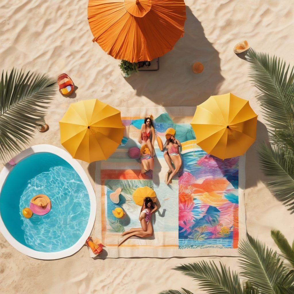 A vibrant collage showcasing a beach scene with sandy shores, beach umbrellas, and colorful towels, seamlessly blending into a chic poolside party with inflatables, tropical cocktails, and stylish sunbathers. Bright summer attire like flowy dresses and swimsuits enhances the lively atmosphere. Golden sunset hues illuminate the entire scene, creating a warm, inviting vibe. super-realistic. vibrant colors. 3D.